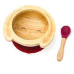 Dětská bambusová miska a lžička pro první příkrmy – Zajíček, 300ml, červená