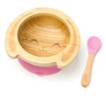 Dětská bambusová miska a lžička pro první příkrmy – Zajíček, 300ml, růžová