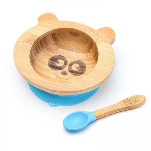 Bambusová miska s prísavkou a lyžičkou pre bábätká - Panda, 300 ml, modrá