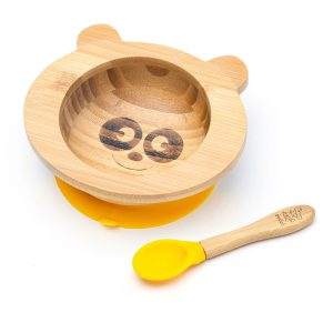 Bambusová miska s prísavkou a lyžičkou pre bábätká - Panda, 300 ml, žltá