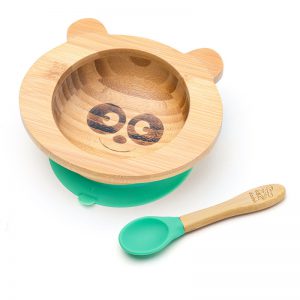 Bambusová miska s prísavkou a lyžičkou pre bábätká - Panda, 300 ml, zelená