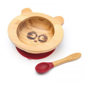 Bambusová miska s prísavkou a lyžičkou pre bábätká - Panda, 300 ml, višňová červená