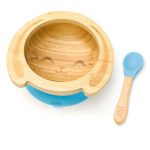 Detská bambusová miska a lyžička pre prvé príkrmy – Zajačik, 300ml, modrá