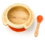 Detská bambusová miska a lyžička pre prvé príkrmy – Zajačik, 300ml, oranžová