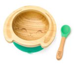 Detská bambusová miska a lyžička pre prvé príkrmy – Zajačik, 300ml, zelená