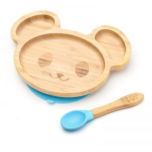Detský bambusový tanier s prísavkou a lyžičkou - Myška, 19x16cm, modrý