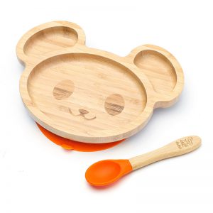 Detský bambusový tanier s prísavkou a lyžičkou - Myška, 19x16cm, oranžový