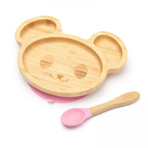 Detský bambusový tanier s prísavkou a lyžičkou - Myška, 19x16cm, ružový