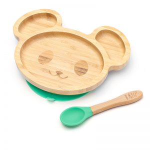 Detský bambusový tanier s prísavkou a lyžičkou - Myška, 19x16cm, zelený