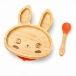 Detský bambusový tanier a lyžička pre prvé príkrmy – Zajačik, 18x23cm, oranžový