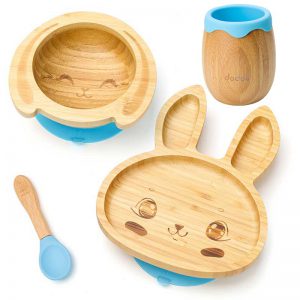 Detská bambusová súprava na jedenie – Zajačik, modrá