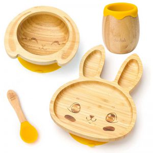 Detská bambusová súprava na jedenie – Zajačik, žltá