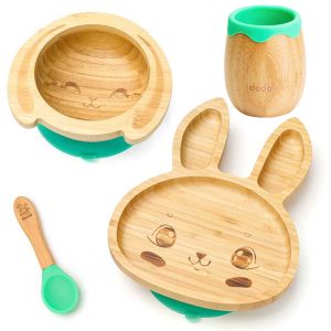 Detská bambusová súprava na jedenie – Zajačik, zelená