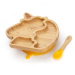 Bambusový tanier s priehradkami, prísavkou a lyžičkou pre bábätká – Jednorožec, 22x20cm, žltý