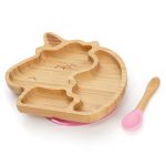 Bambusový talíř s přihrádkami, přísavkou a lžičkou pro miminka – Jednorožec, růžový