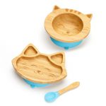 Bambusová jedálenská súprava na kŕmenie pre bábätká – Mačička, modrá