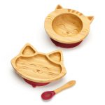 Bambusová jedálenská súprava na kŕmenie pre bábätká – Mačička, červená