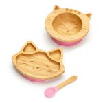 Bambusová jedálenská súprava na kŕmenie pre bábätká – Mačička, ružová