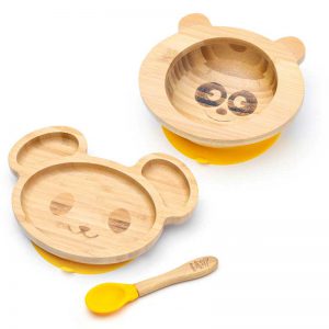 Detská bambusová súprava na jedenie – Panda & Myška, žltá