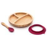 Okrúhly bambusový tanier s prísavkou a lyžičkou, 18cm, červená