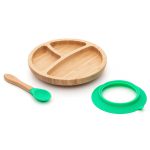 Okrúhly bambusový tanier s prísavkou a lyžičkou, 18cm, zelený