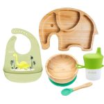 Detská jedálenská súprava – riad pre deti a bábätká, bambusz & silikon – Sloník, zelená – dodoli