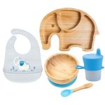 Detská jedálenská súprava – riad pre deti a bábätká, bambusz & silikon – Sloník, modrá – dodoli