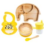 Detská jedálenská súprava – riad pre deti a bábätká, bambusz & silikon – Sloník, žltá – dodoli