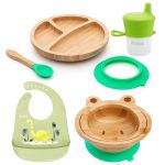 Detská jedálenská súprava – riad pre deti a bábätká, bambusz & silikon – Žabka a Dino, zelená – dodoli