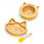 Bambusová jedálenská súprava na kŕmenie pre bábätká – Mačička, žltá