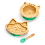 Bambusová jedálenská súprava na kŕmenie pre bábätká – Mačička, zelená