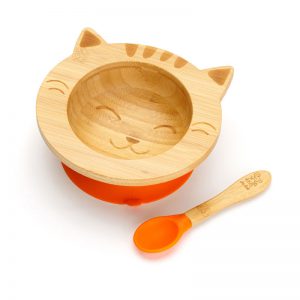Detská bambusová miska a lyžička pre prvé príkrmy - Mačička, 300 ml, oranžová
