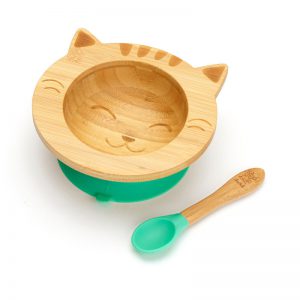 Detská bambusová miska a lyžička pre prvé príkrmy - Mačička, 300 ml, zelená