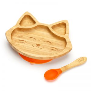 Detský bambusový tanier a lyžička pre prvé príkrmy - Mačička, 19x16 cm, oranžová