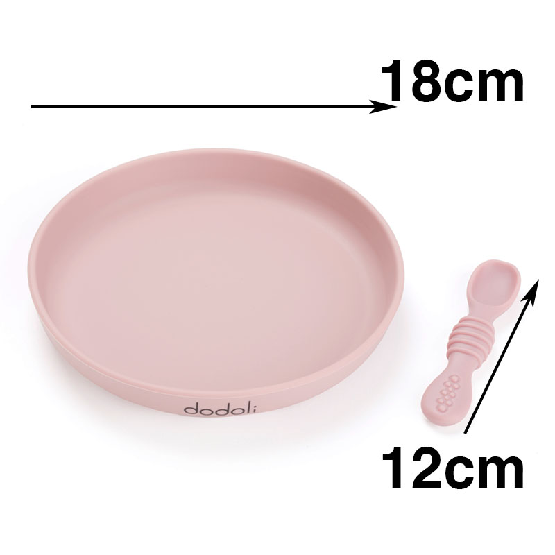 Dodoli Detsky silikónový tanier s prísavkou a lyžičkou – pre deti a bábätka, 18 cm, púdrovoružová 1