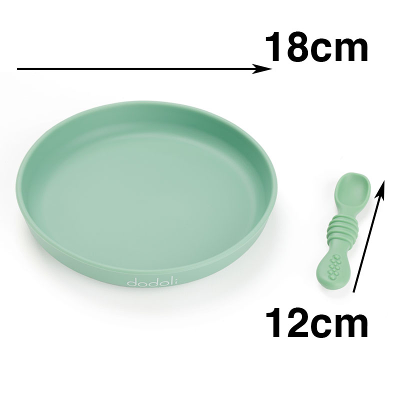 Dodoli Detsky silikónový tanier s prísavkou a lyžičkou – pre deti a bábätka, 18 cm, azúrovozelená 1